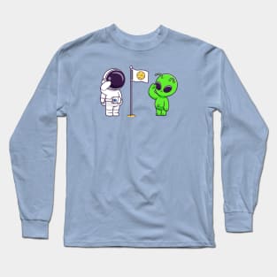 Cute Astronaut and Cute Alien Respect Moon Flag Cartoon Long Sleeve T-Shirt